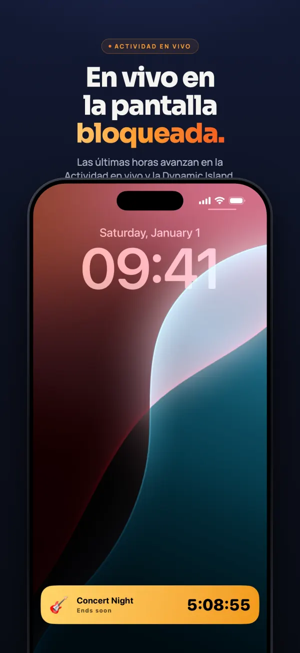 Pantalla bloqueada de un iPhone a las 9:41 con una Actividad en vivo de Countdown: faltan 5:08:55 para un concierto