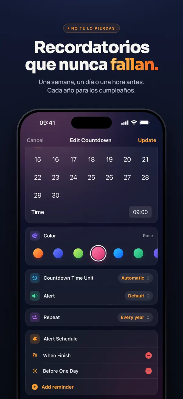 Edición de una cuenta regresiva: calendario, hora 09:00, color rosa, repetir cada año y avisos al terminar y un día antes