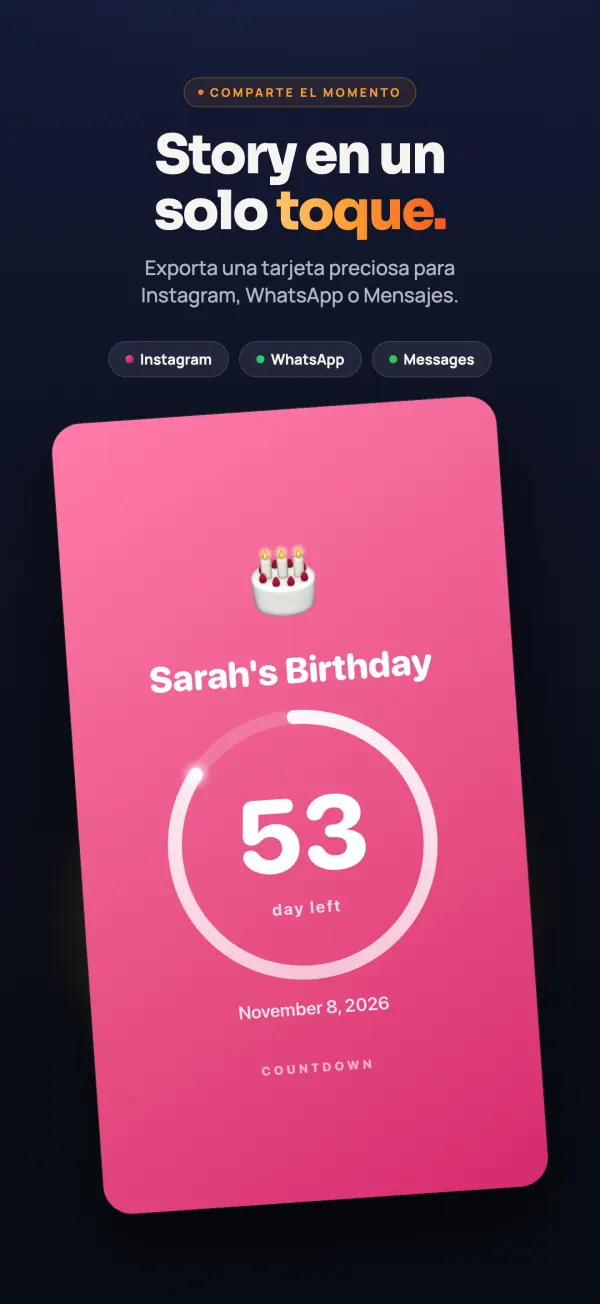 Tarjeta rosa del cumpleaños de Sarah con 53 días para el 8 de noviembre de 2026, lista para Instagram, WhatsApp o Mensajes