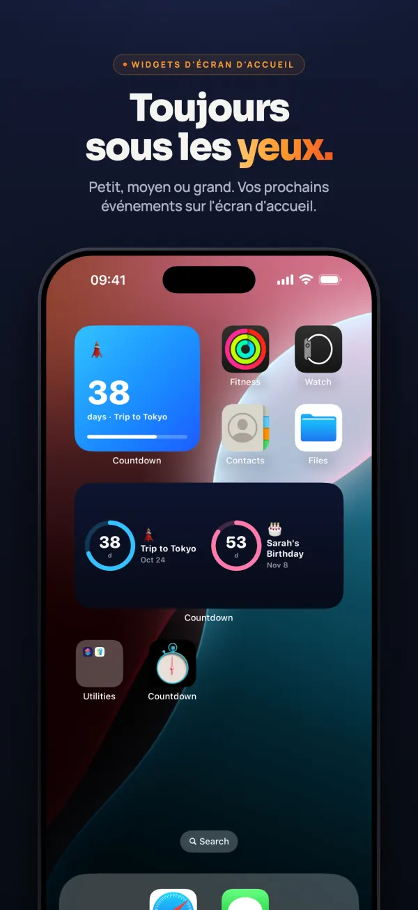 Écran d’accueil d’iPhone avec un petit et un moyen widget Countdown : 38 jours avant le voyage à Tokyo et 53 jours avant l’anniversaire de Sarah