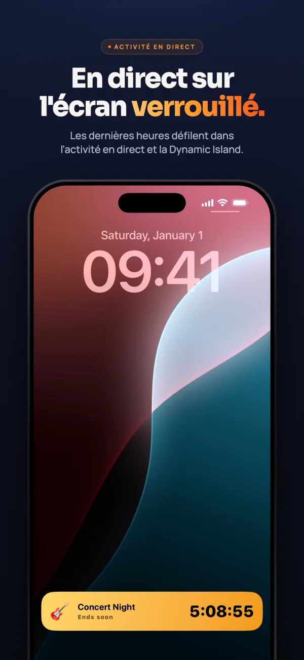 Écran verrouillé d’iPhone à 9 h 41 avec une Activité en direct Countdown : encore 5:08:55 avant un concert