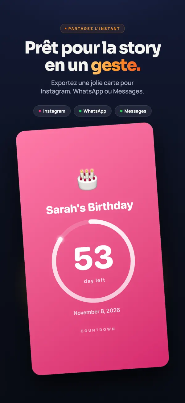 Carte rose de l’anniversaire de Sarah, 53 jours avant le 8 novembre 2026, prête à partager sur Instagram, WhatsApp ou Messages