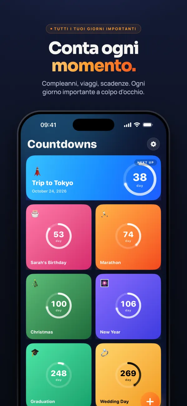 Schermata principale dell’app Countdown con i conti alla rovescia per un viaggio a Tokyo, il compleanno di Sarah, una maratona, Natale, Capodanno, la laurea e il giorno del matrimonio