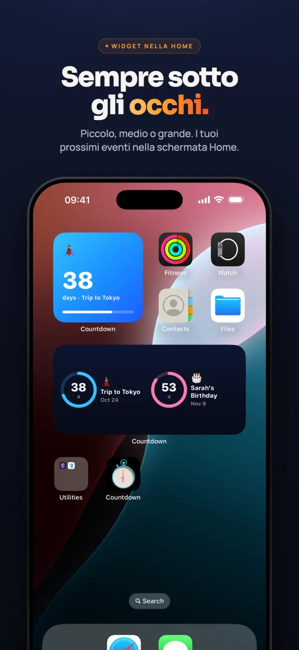 Schermata Home di iPhone con un widget piccolo e uno medio di Countdown: 38 giorni al viaggio a Tokyo e 53 al compleanno di Sarah