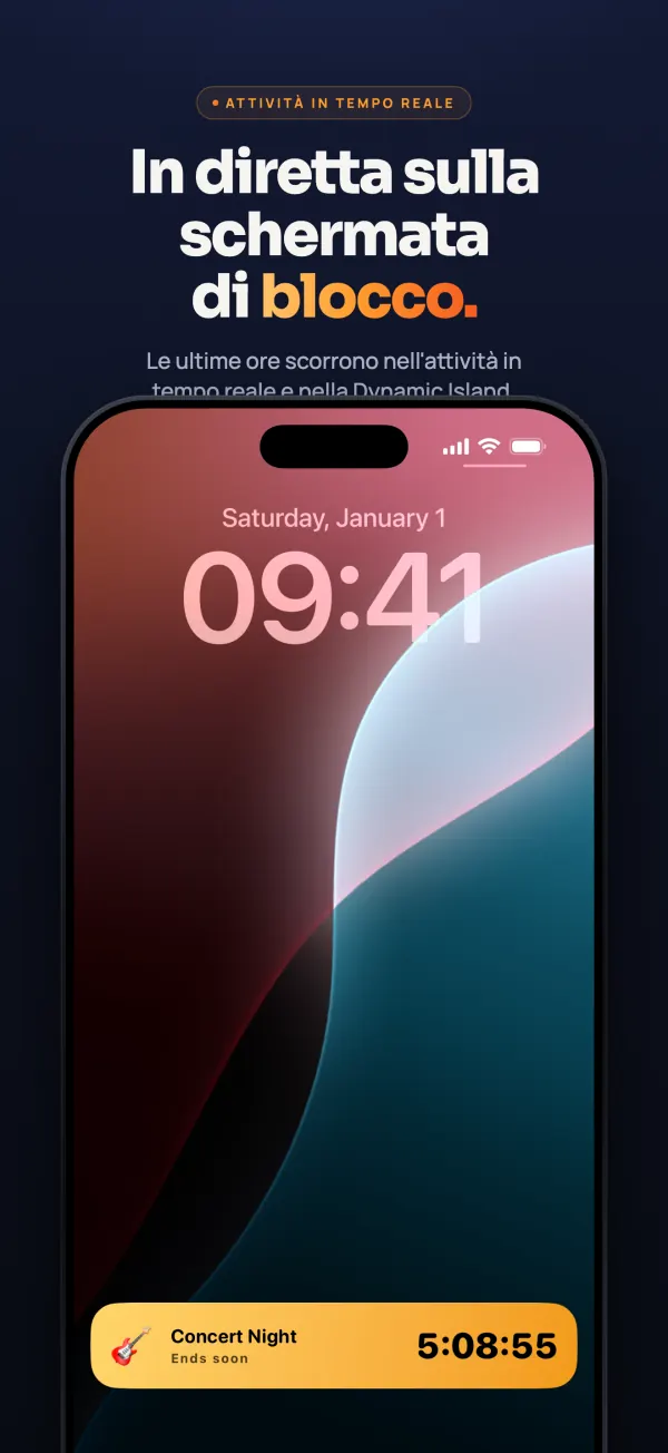 Schermata di blocco di iPhone con un’Attività in tempo reale di Countdown che conta le ultime ore a un concerto: mancano 5:08:55