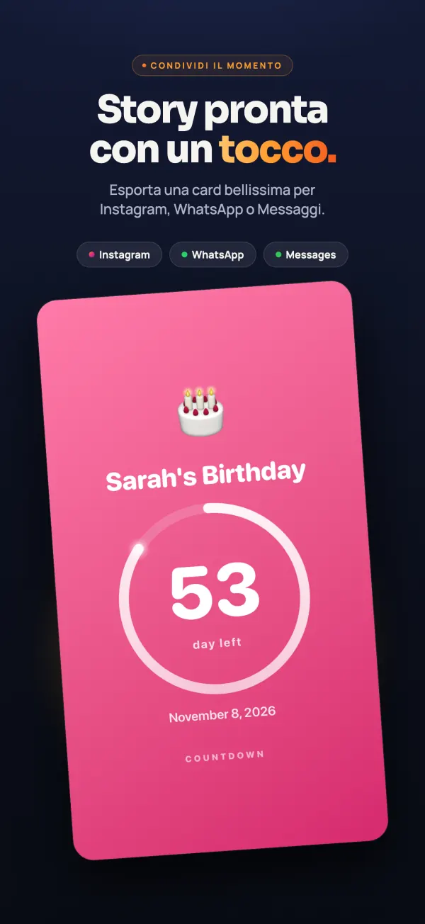 Il conto alla rovescia per il compleanno di Sarah, 53 giorni all’8 novembre 2026, come card da condividere su Instagram, WhatsApp o Messaggi