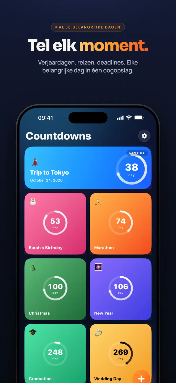 Overzicht in de Countdown-app met aftellingen naar een reis naar Tokio, de verjaardag van Sarah, een marathon, kerst, oud en nieuw, een diploma-uitreiking en een trouwdag