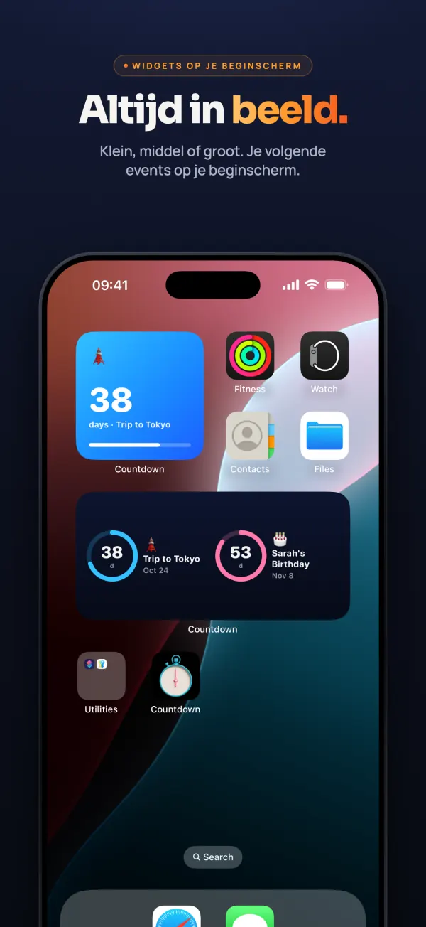 Beginscherm van een iPhone met een kleine en een middelgrote Countdown-widget: nog 38 dagen tot de reis naar Tokio en 53 tot de verjaardag van Sarah