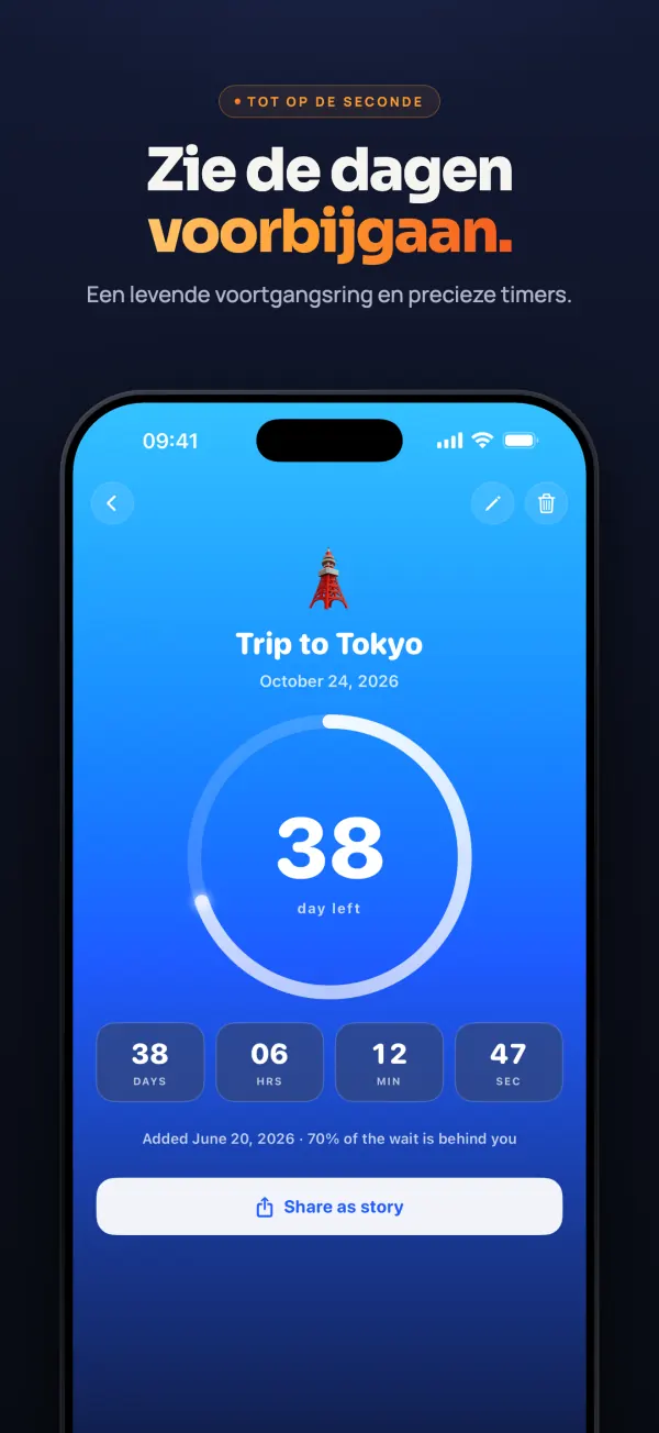 Detailscherm van de reis naar Tokio op 24 oktober 2026: een voortgangsring met nog 38 dagen en een live teller met dagen, uren, minuten en seconden