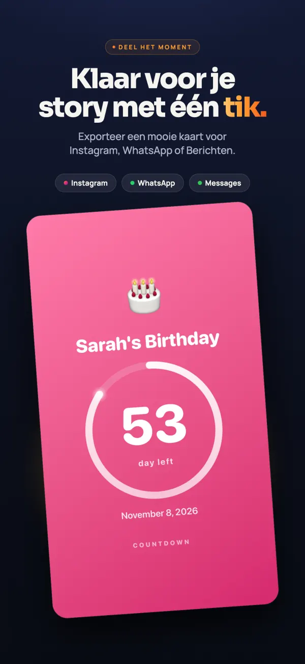 De aftelling naar de verjaardag van Sarah, nog 53 dagen tot 8 november 2026, als kaart om te delen via Instagram, WhatsApp of Berichten