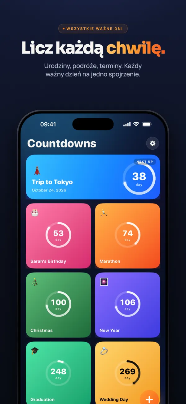 Lista odliczań w aplikacji Countdown: podróż do Tokio (38 dni), urodziny Sarah (53), maraton (74), Boże Narodzenie (100), Nowy Rok (106), zakończenie studiów (248) i dzień ślubu (269)