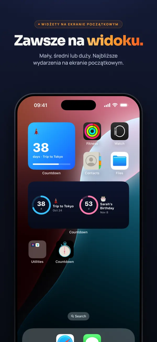 Ekran początkowy iPhone’a z małym i średnim widżetem Countdown: 38 dni do podróży do Tokio i 53 dni do urodzin Sarah