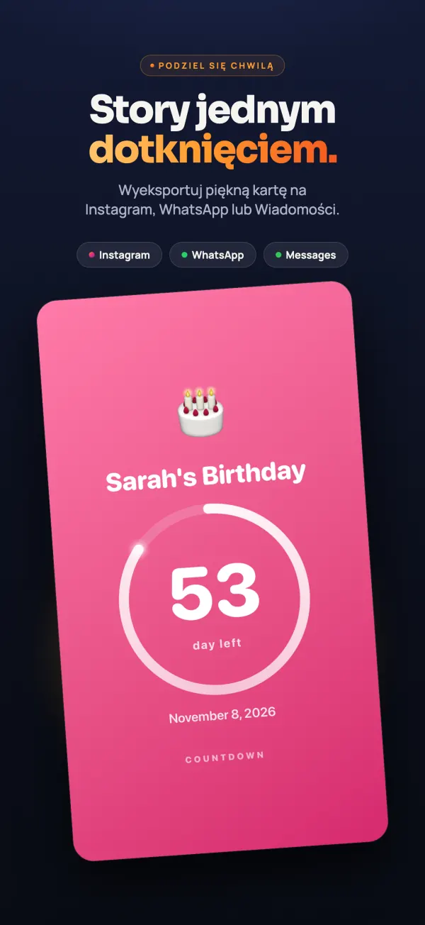 Odliczanie do urodzin Sarah udostępnione jako obrazek: 53 dni do 8 listopada 2026, z przyciskami Instagram, WhatsApp i Wiadomości