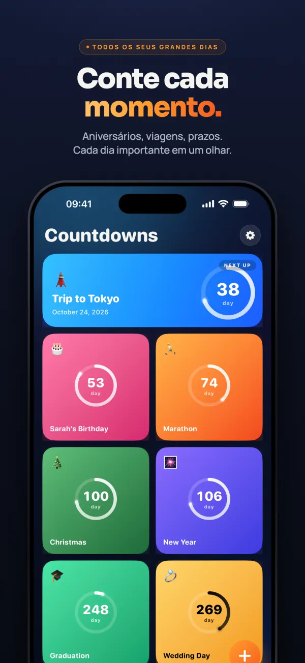 Tela principal do app Countdown com contagens para uma viagem a Tóquio (38 dias), o aniversário da Sarah (53), uma maratona (74), o Natal (100), o Ano Novo (106), uma formatura (248) e um casamento (269)