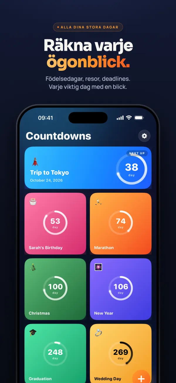 Listan i appen Countdown med nedräkningar till en resa till Tokyo (38 dagar), Sarahs födelsedag (53), ett maraton (74), jul (100), nyår (106), en examen (248) och en bröllopsdag (269)