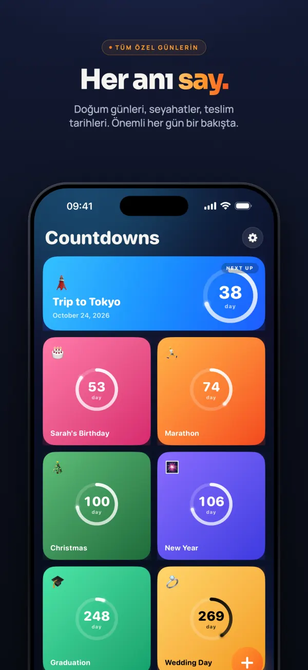 Countdown’ın sayaç listesi: Tokyo gezisine 38 gün, Sarah’nın doğum gününe 53, maratona 74, Noel’e 100, yılbaşına 106, mezuniyete 248 ve düğün gününe 269 gün