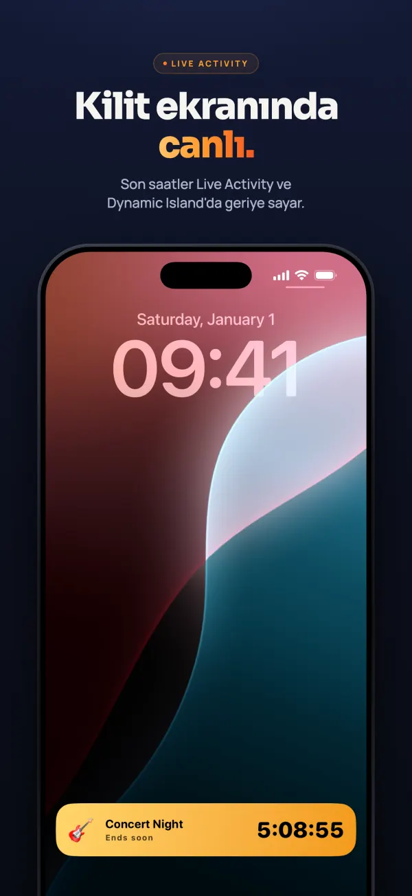 iPhone kilit ekranında Countdown Canlı Etkinliği: konser gecesine 5 saat 8 dakika 55 saniye kaldı