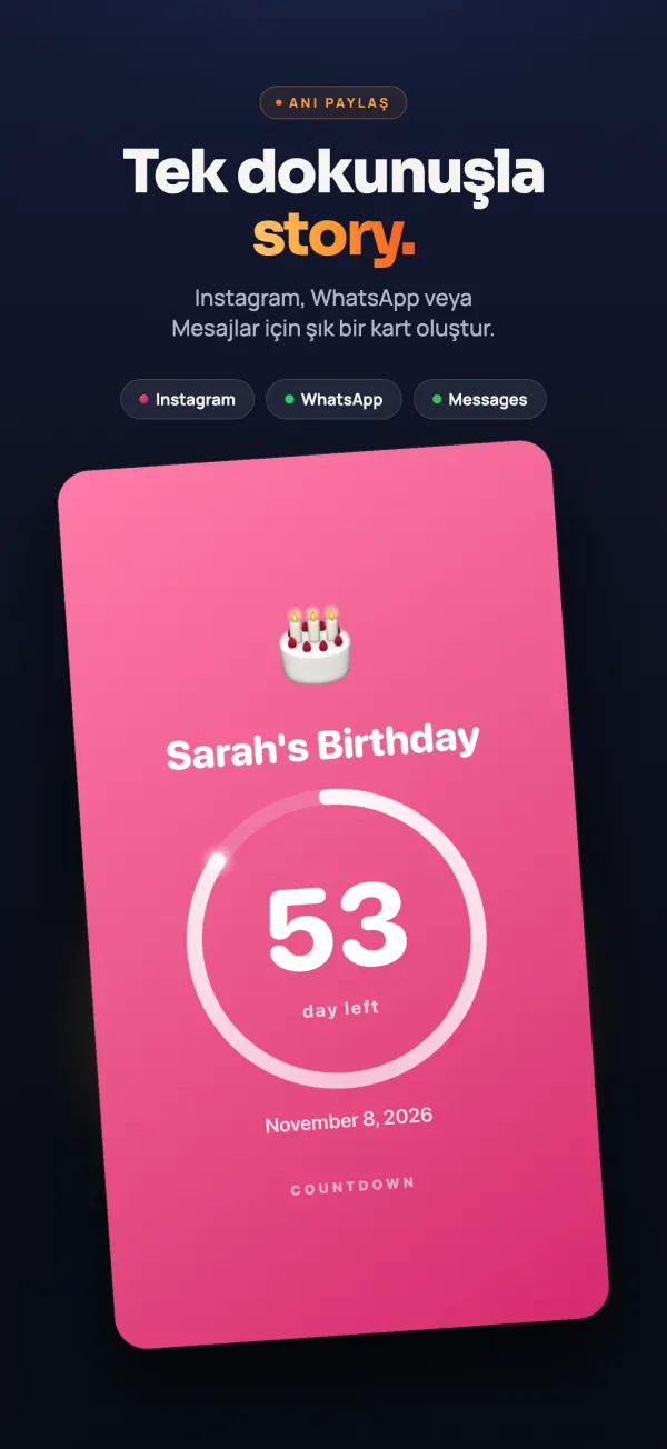 Sarah’nın doğum gününe 53 gün kaldığını gösteren görsel kart, Instagram, WhatsApp ve Mesajlar’da paylaşmaya hazır