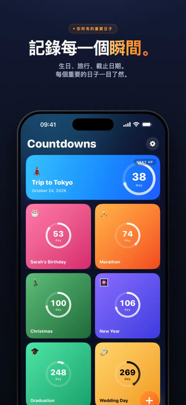 Countdown App 的倒數列表:東京旅行還有 38 天、Sarah 的生日 53 天、馬拉松 74 天、聖誕節 100 天、新年 106 天、畢業 248 天、婚禮 269 天,每個倒數顏色不同